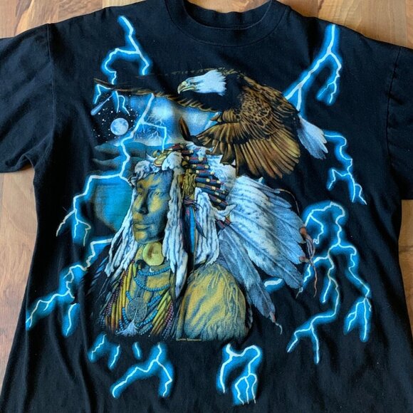 Vtg 1990s American Indian Thunder Print Lightning Thrashing Shirt T-Shirt Top - Picture 6 of 13